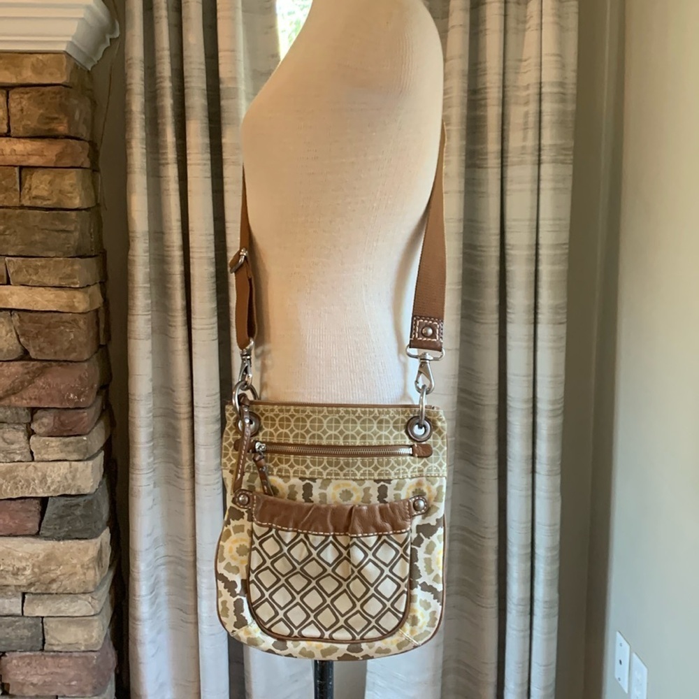 Fossil canvas and leather patterned crossbody purse